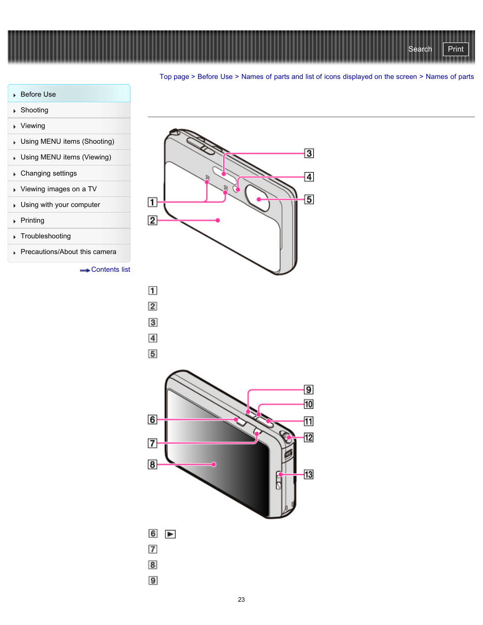 Names of parts, Cyber-shot user guide | Sony DSC-TX20 User Manual | Page 23 / 262