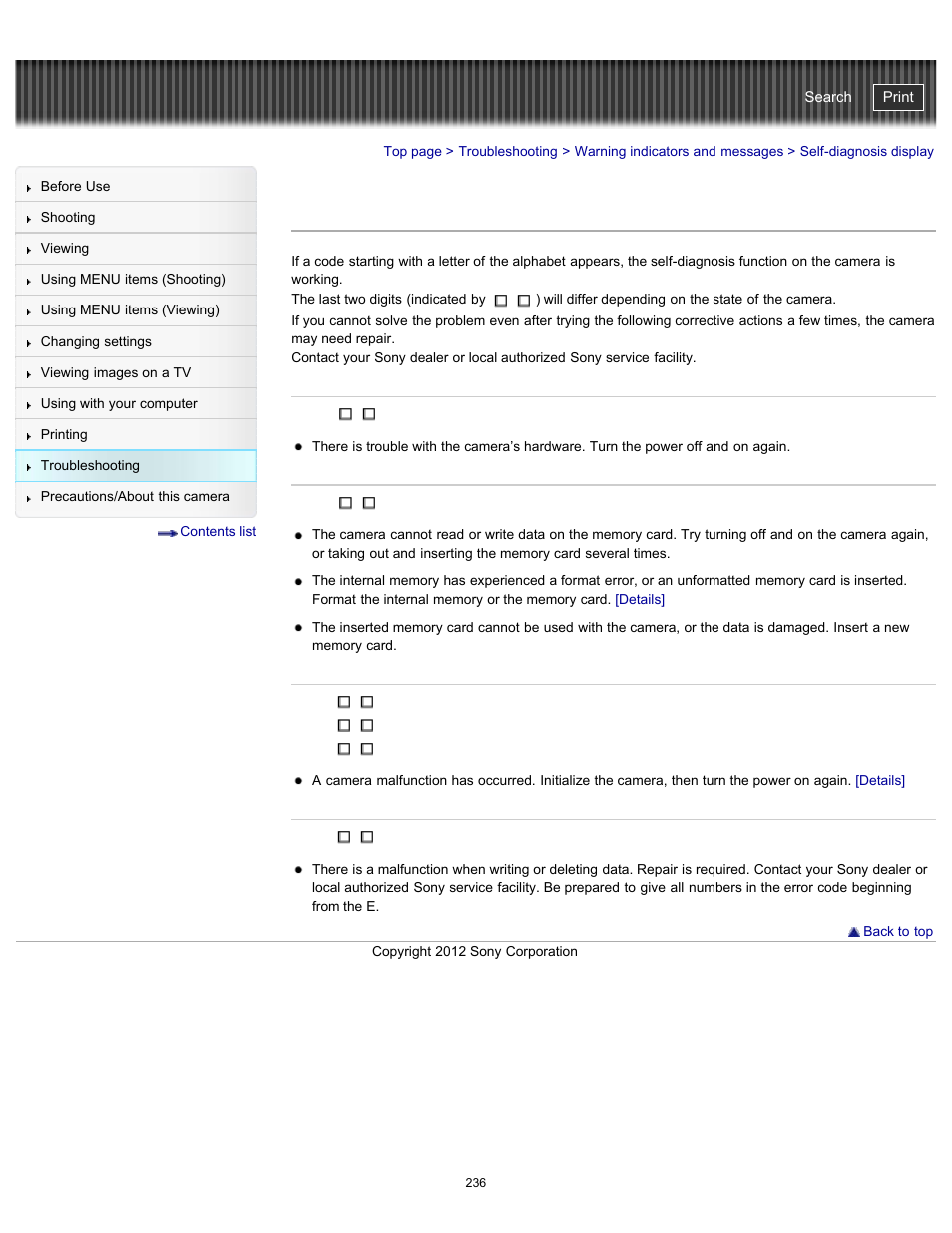 Self-diagnosis display, Cyber-shot user guide | Sony DSC-TX20 User Manual | Page 236 / 262