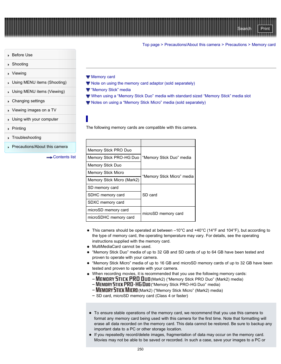 Memory card, Details, Cyber-shot user guide | Sony DSC-TX20 User Manual | Page 250 / 262