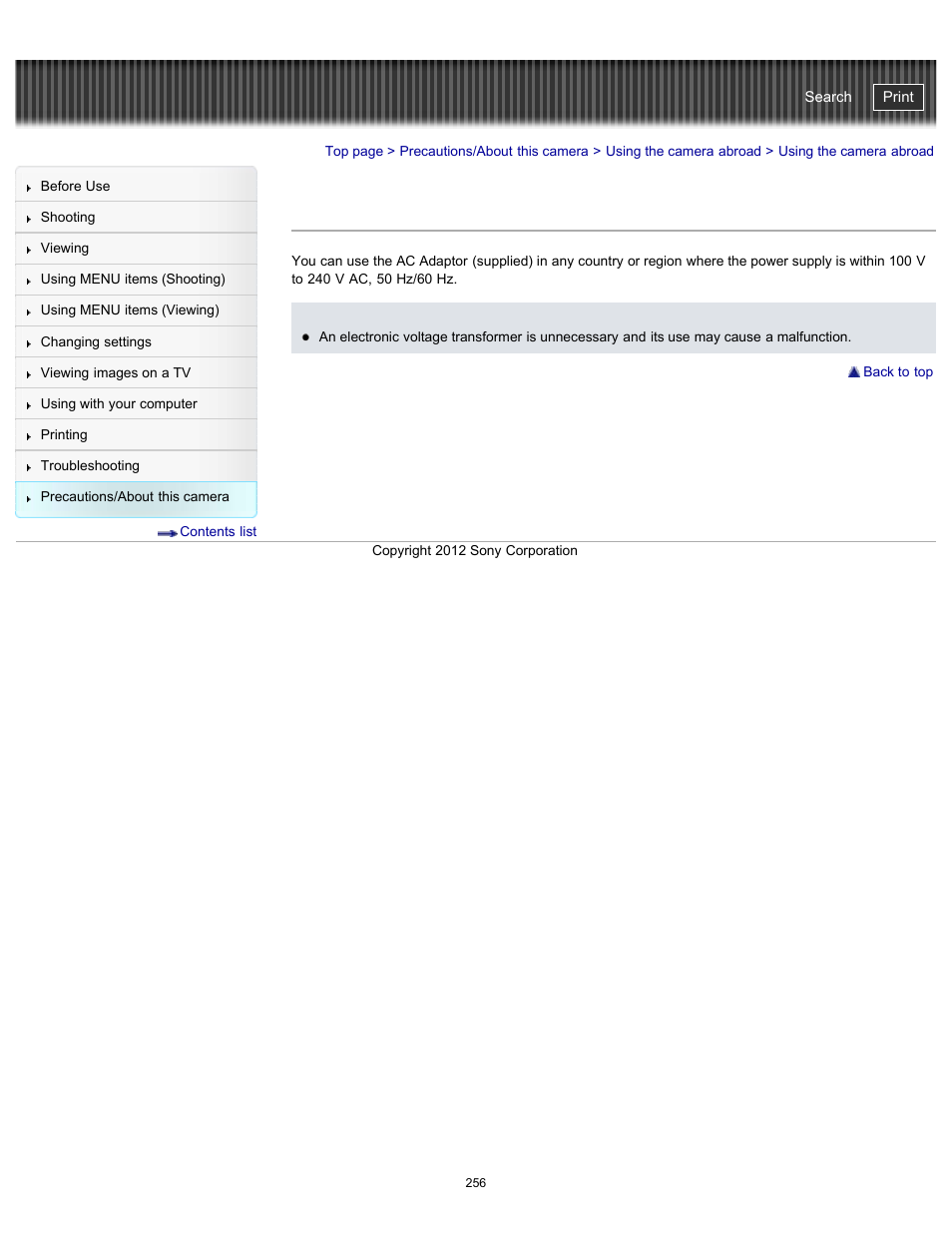Using the camera abroad, Cyber-shot user guide | Sony DSC-TX20 User Manual | Page 256 / 262