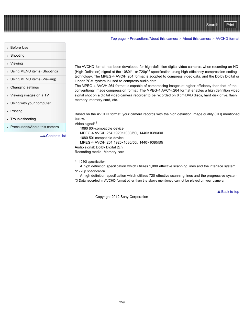 Avchd format, Cyber-shot user guide | Sony DSC-TX20 User Manual | Page 259 / 262
