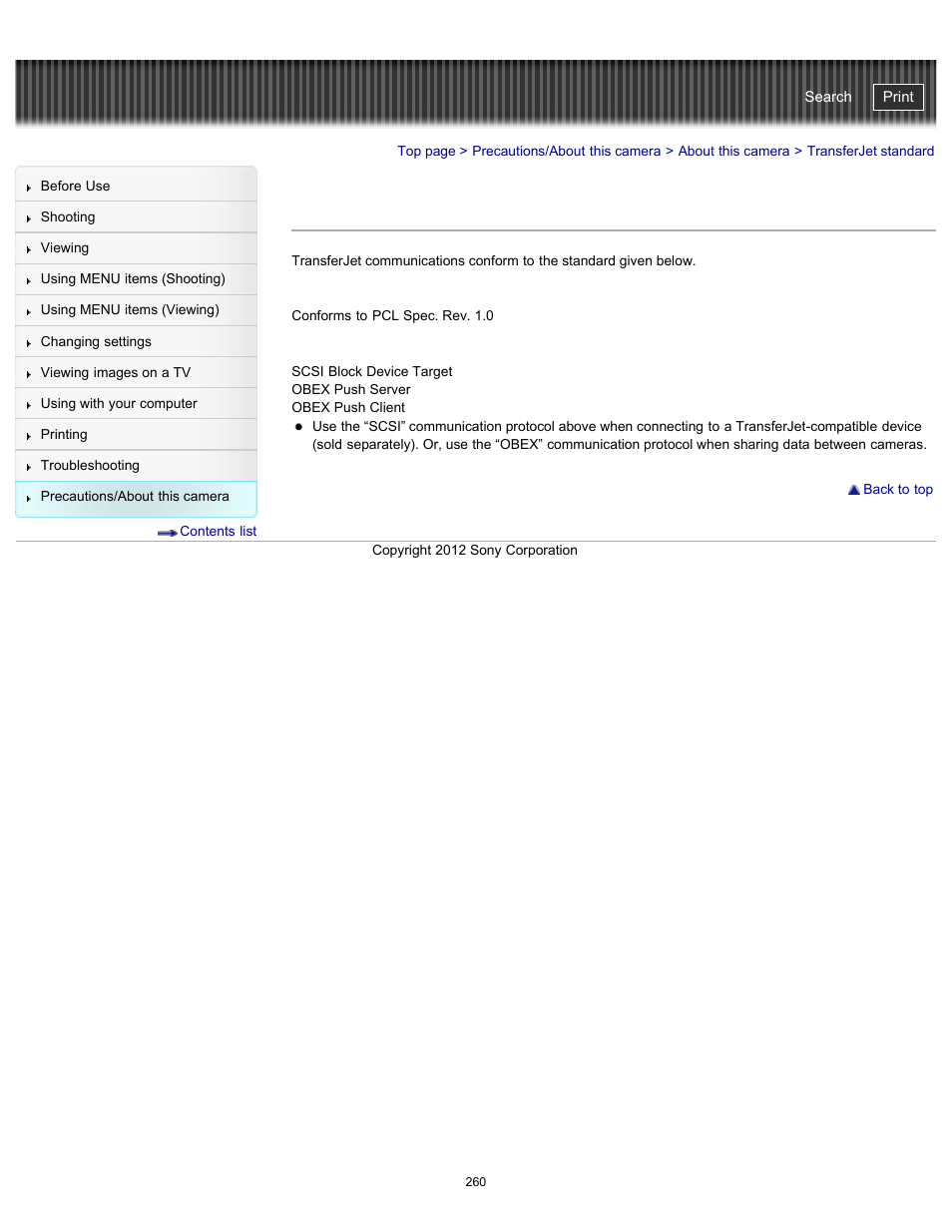Transferjet standard, Cyber-shot user guide | Sony DSC-TX20 User Manual | Page 260 / 262
