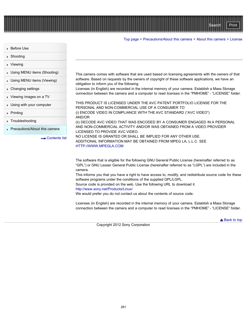 License, Cyber-shot user guide | Sony DSC-TX20 User Manual | Page 261 / 262