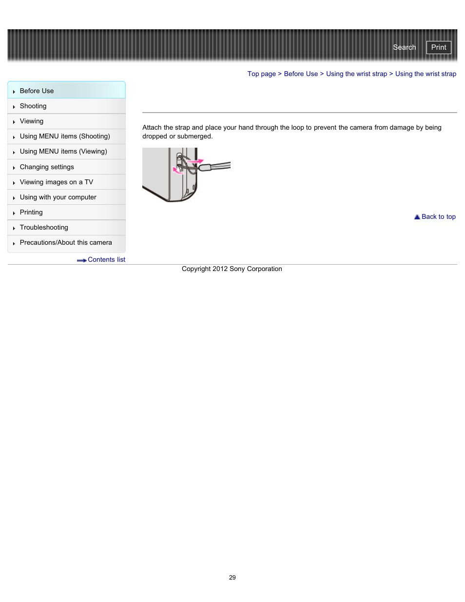 Using the wrist strap, Cyber-shot user guide | Sony DSC-TX20 User Manual | Page 29 / 262