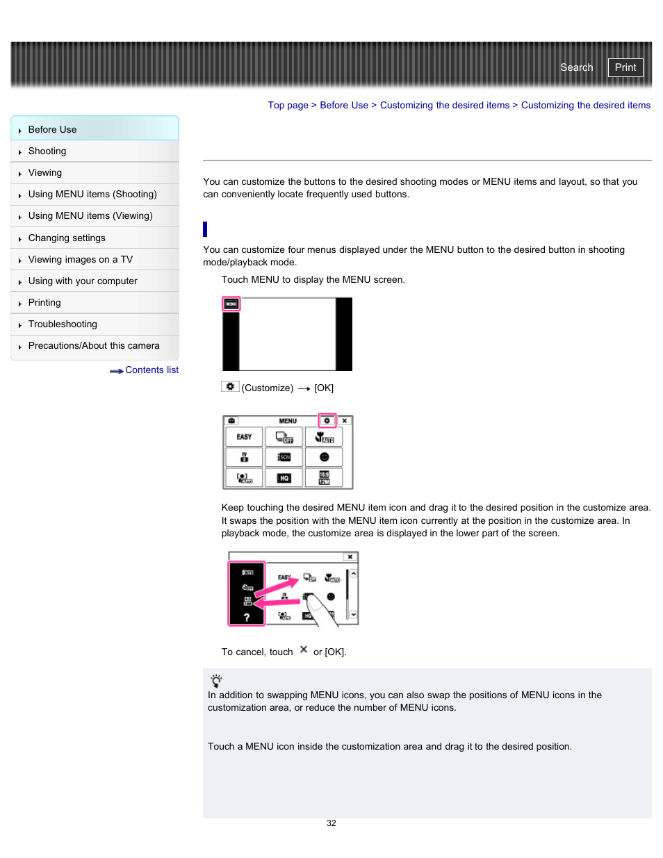 Customizing the desired items, Cyber-shot user guide | Sony DSC-TX20 User Manual | Page 32 / 262