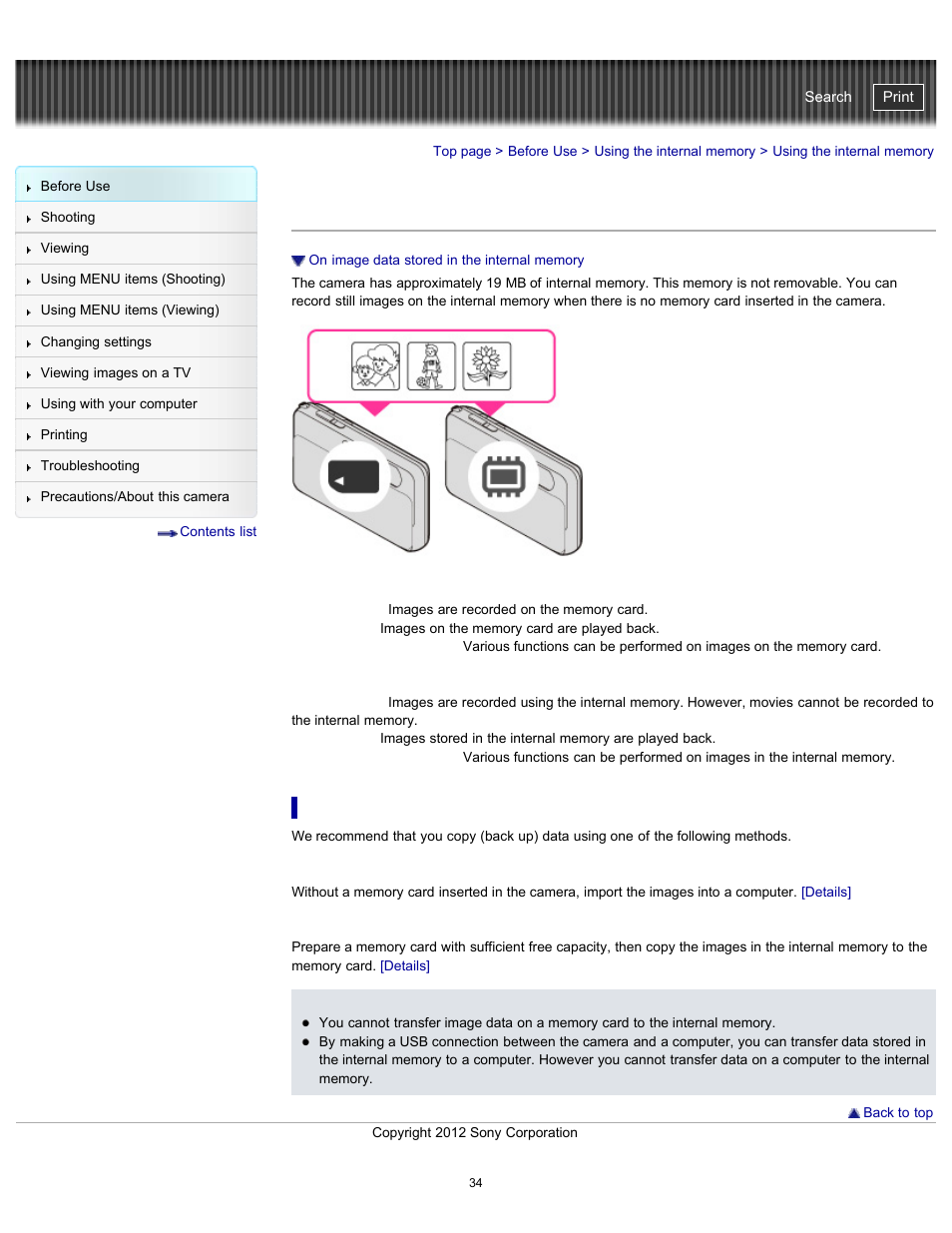 Using the internal memory | Sony DSC-TX20 User Manual | Page 34 / 262