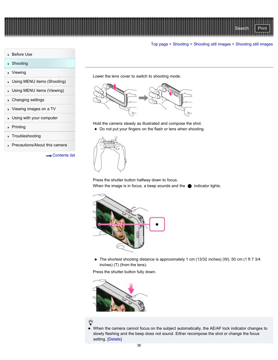 Shooting still images, Cyber-shot user guide | Sony DSC-TX20 User Manual | Page 36 / 262