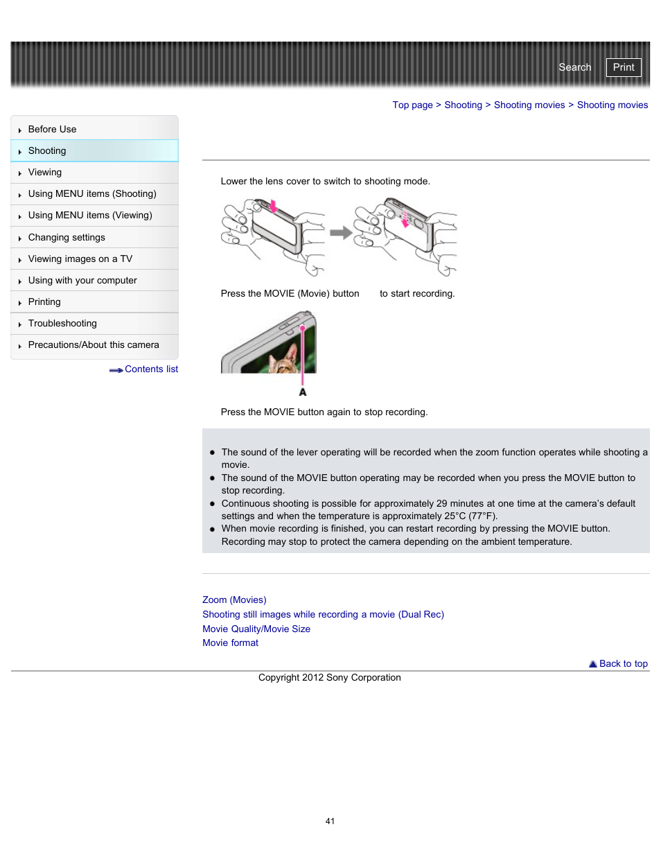 Shooting movies, Cyber-shot user guide | Sony DSC-TX20 User Manual | Page 41 / 262