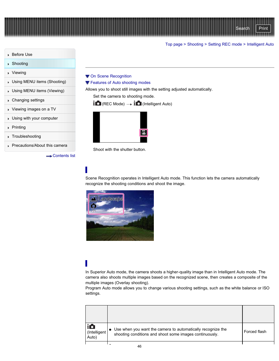 Intelligent auto, Details, Cyber-shot user guide | Sony DSC-TX20 User Manual | Page 46 / 262