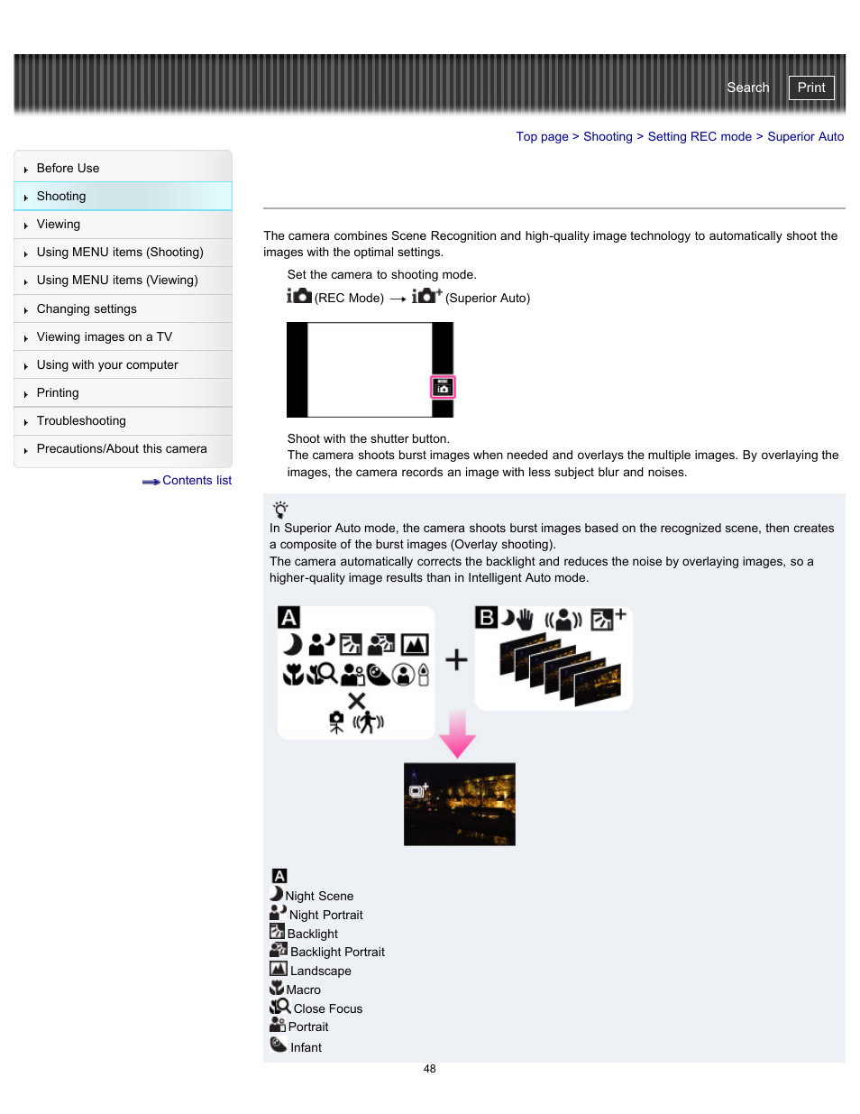 Superior auto, Details, Cyber-shot user guide | Sony DSC-TX20 User Manual | Page 48 / 262