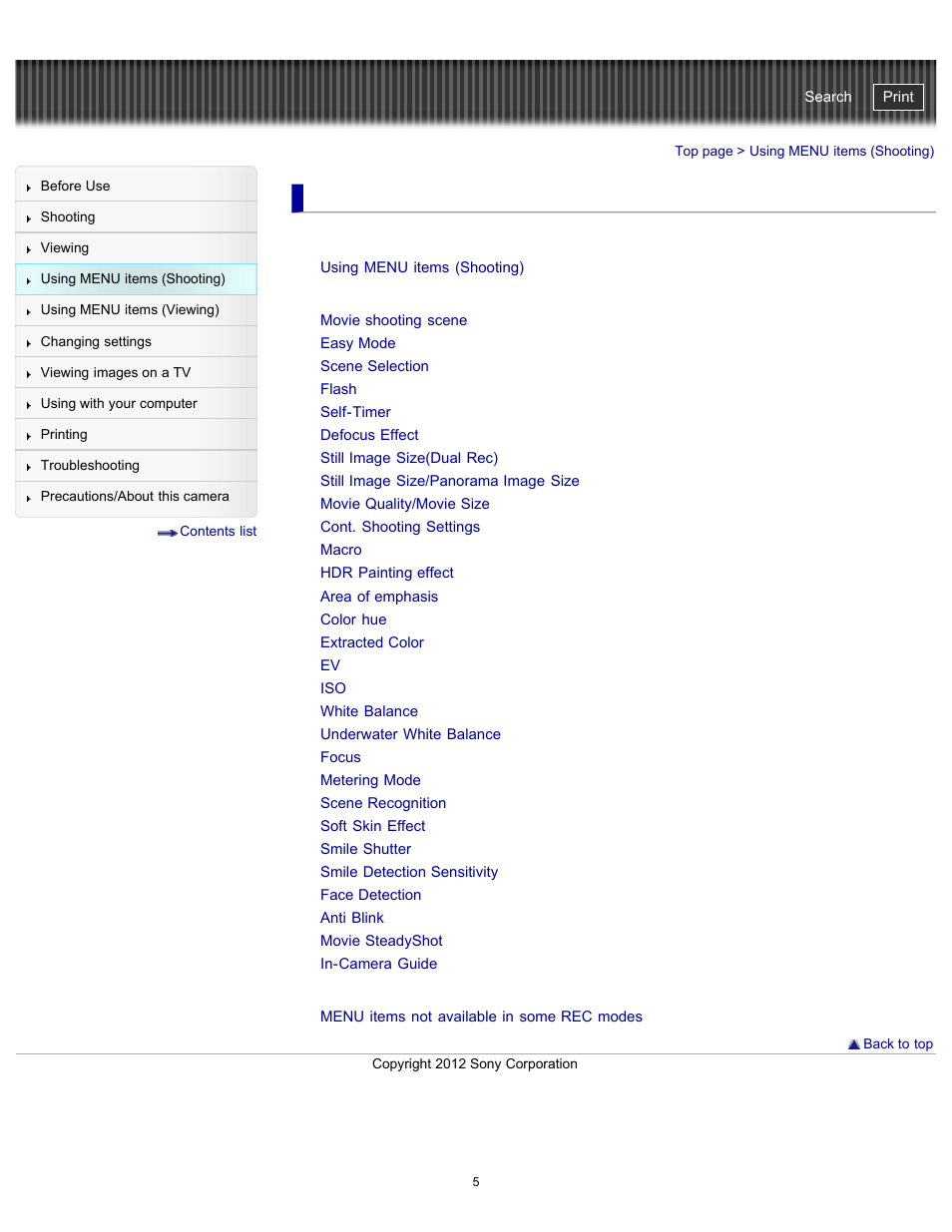 Using menu items (shooting), Cyber-shot user guide | Sony DSC-TX20 User Manual | Page 5 / 262