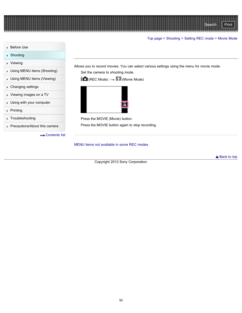 Movie mode, Details, Cyber-shot user guide | Sony DSC-TX20 User Manual | Page 50 / 262