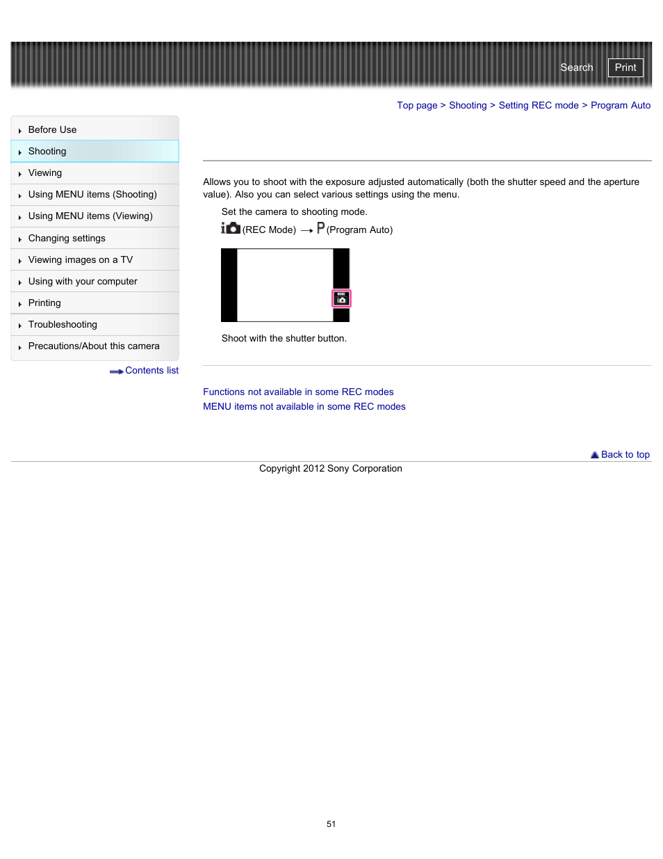 Program auto, Details, Cyber-shot user guide | Sony DSC-TX20 User Manual | Page 51 / 262