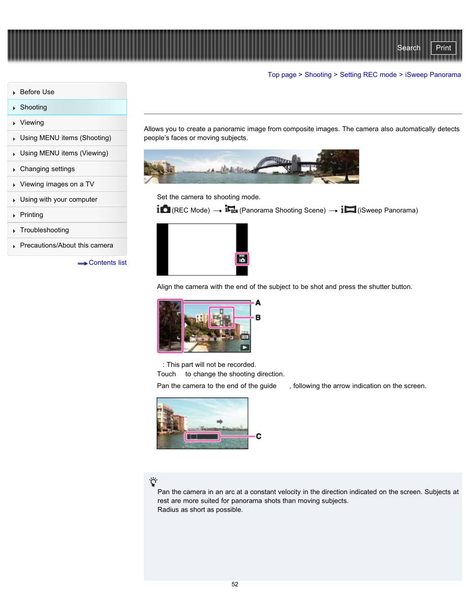 Isweep panorama, Details, Cyber-shot user guide | Sony DSC-TX20 User Manual | Page 52 / 262