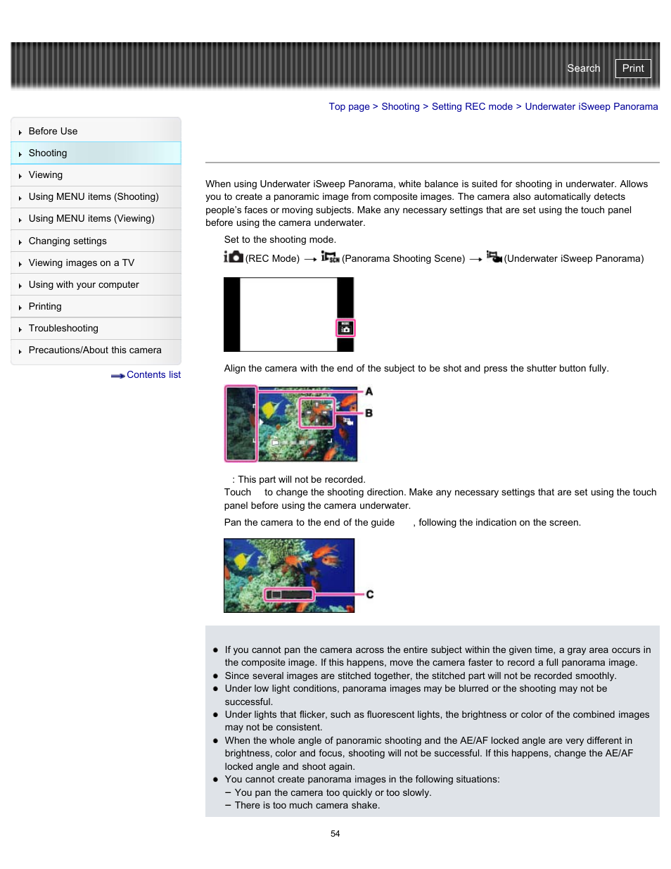 Underwater isweep panorama, Details, Cyber-shot user guide | Sony DSC-TX20 User Manual | Page 54 / 262