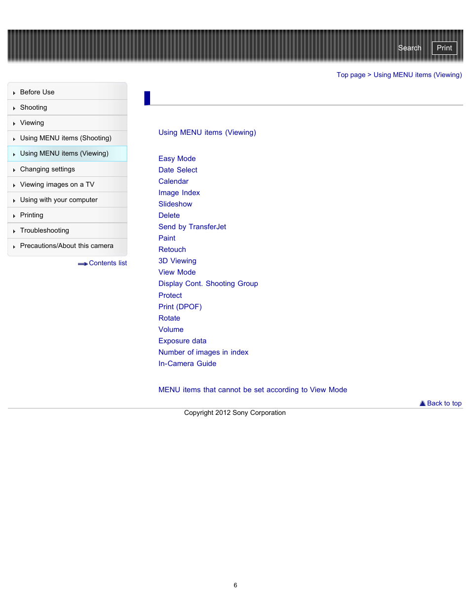 Using menu items (viewing), Cyber-shot user guide | Sony DSC-TX20 User Manual | Page 6 / 262