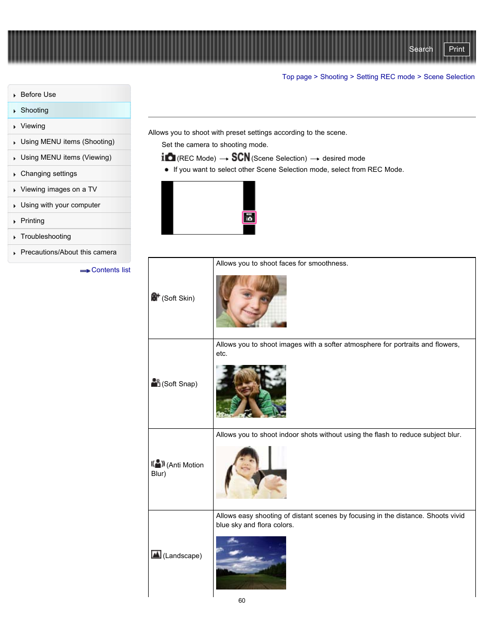 Scene selection, Details, Cyber-shot user guide | Sony DSC-TX20 User Manual | Page 60 / 262