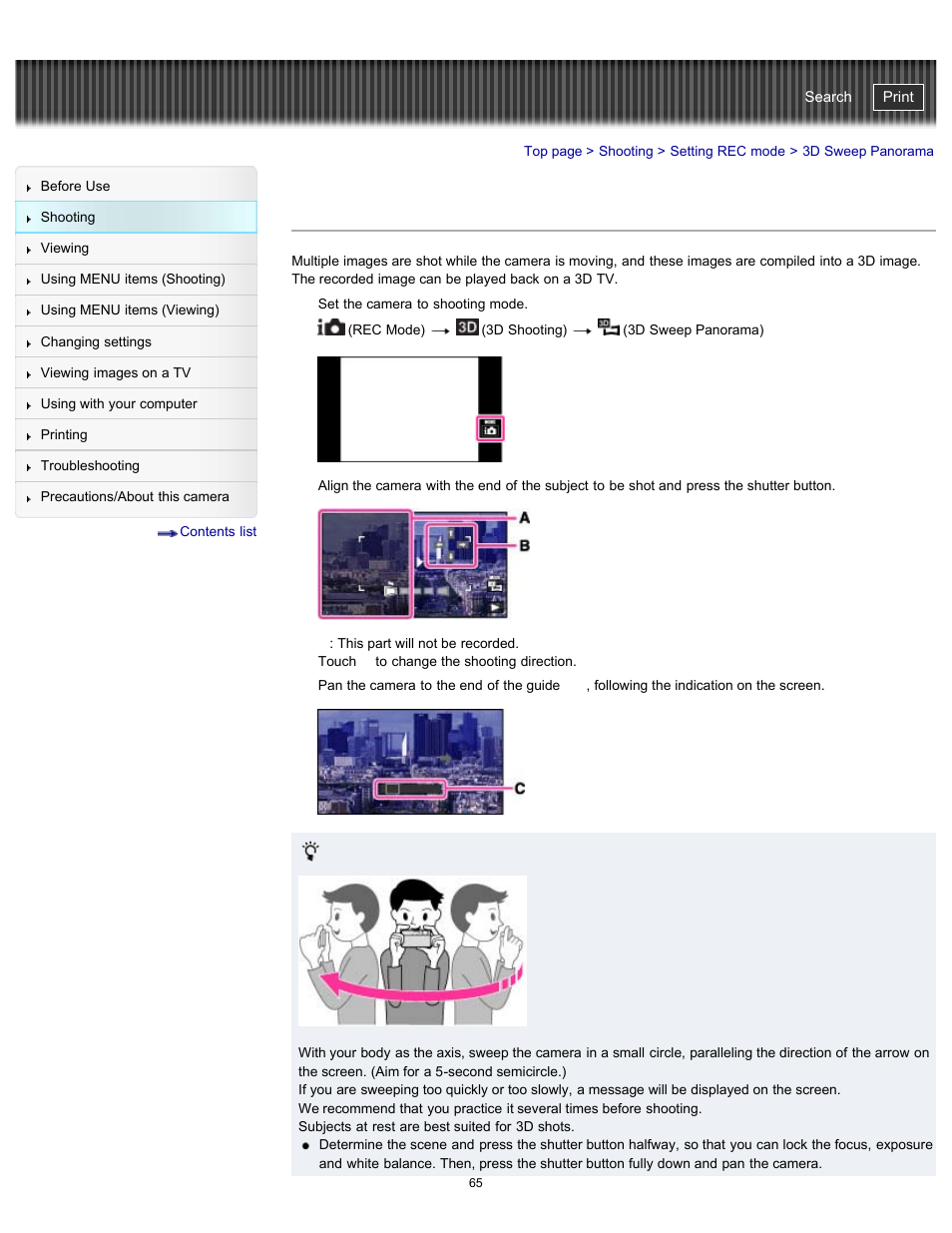 3d sweep panorama, Details, Cyber-shot user guide | Sony DSC-TX20 User Manual | Page 65 / 262