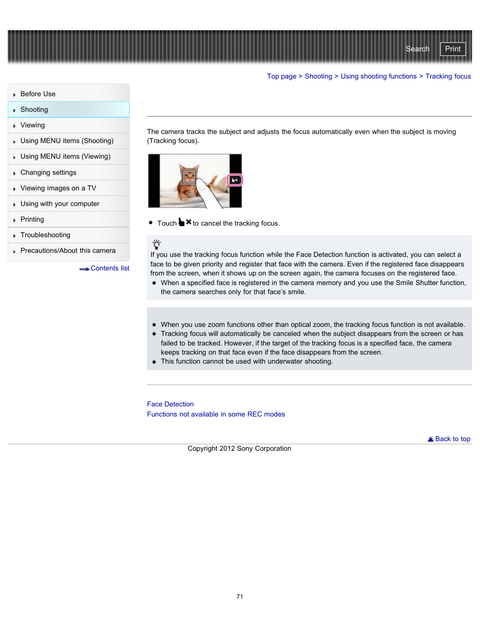 Tracking focus, Details, Cyber-shot user guide | Sony DSC-TX20 User Manual | Page 71 / 262