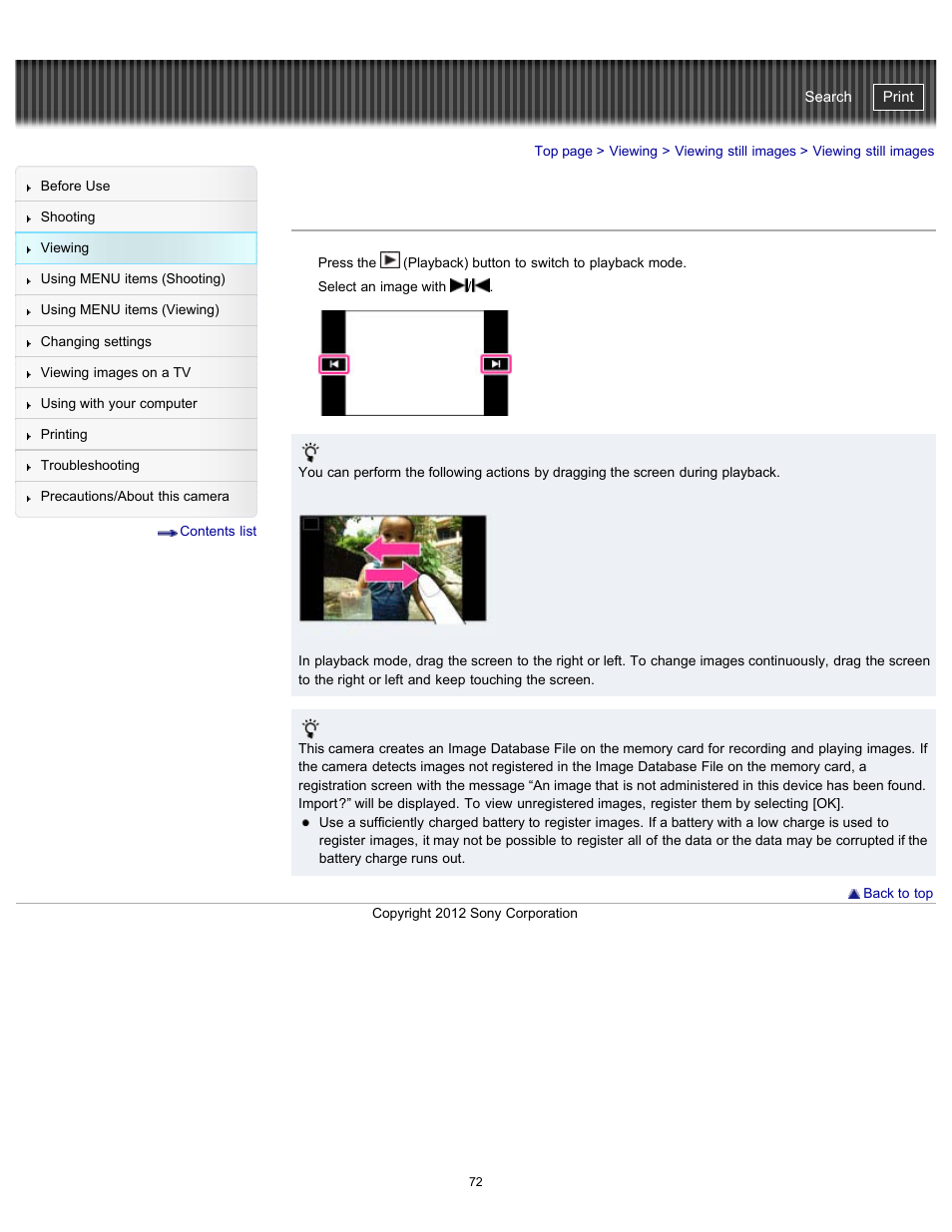 Viewing still images, Cyber-shot user guide | Sony DSC-TX20 User Manual | Page 72 / 262