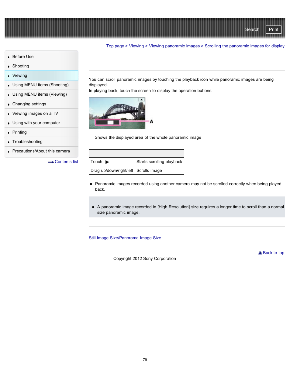 Scrolling the panoramic images for display, Cyber-shot user guide | Sony DSC-TX20 User Manual | Page 79 / 262