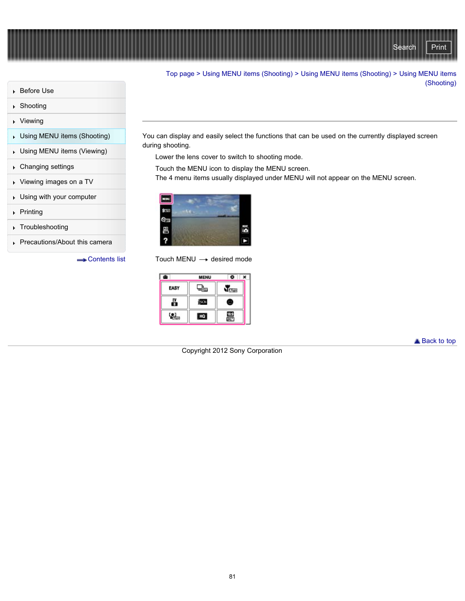 Using menu items (shooting), Cyber-shot user guide | Sony DSC-TX20 User Manual | Page 81 / 262