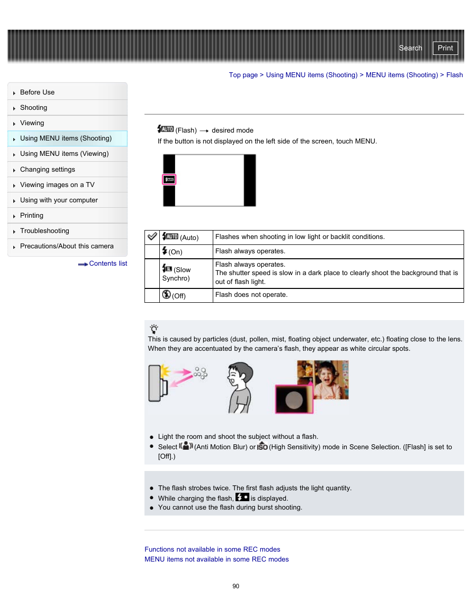 Flash, Cyber-shot user guide | Sony DSC-TX20 User Manual | Page 90 / 262