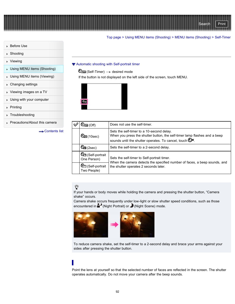 Self-timer, Cyber-shot user guide | Sony DSC-TX20 User Manual | Page 92 / 262