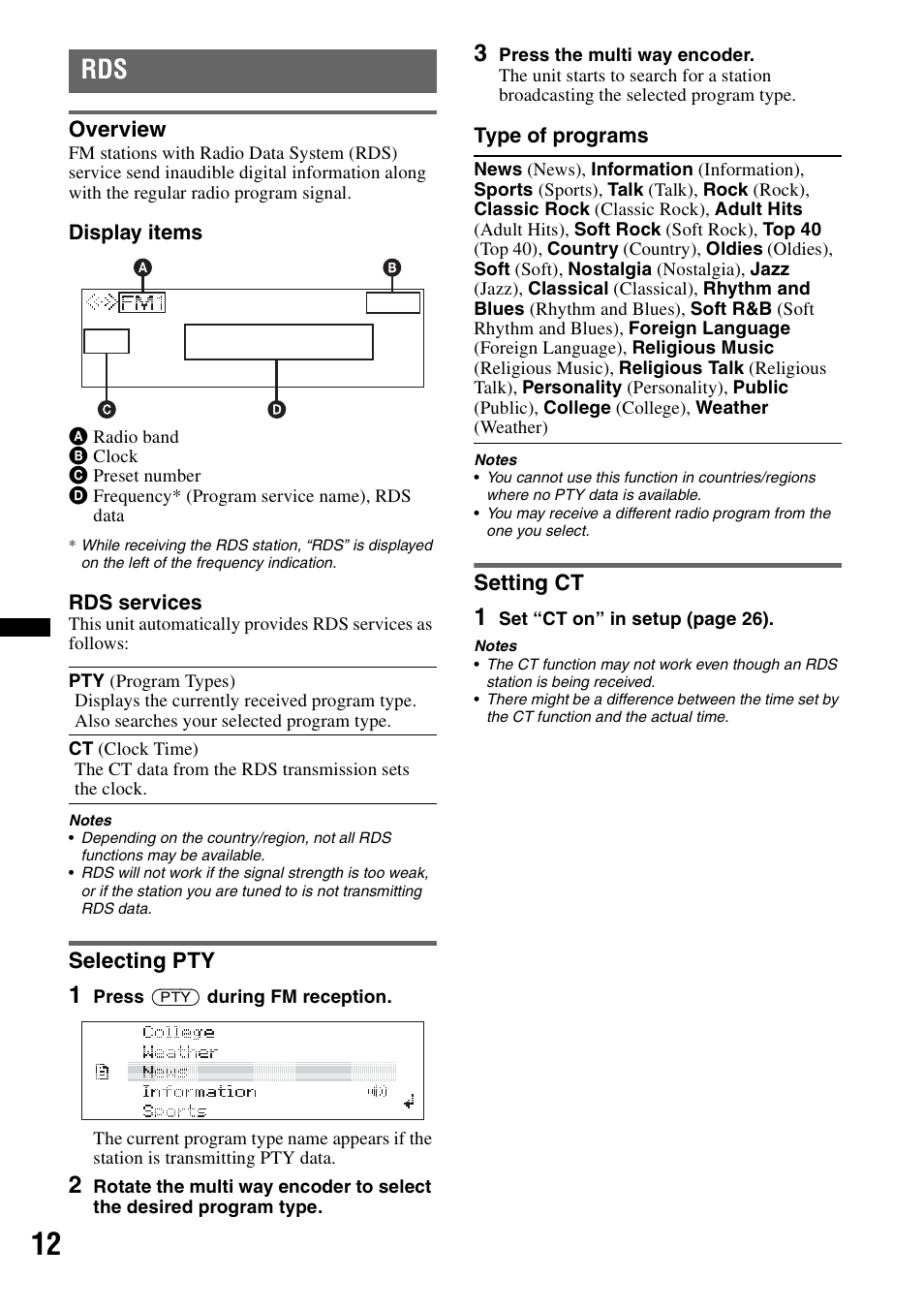 Overview, Selecting pty, Setting ct | Overview selecting pty setting ct | Sony DSX-S200X User Manual | Page 12 / 104
