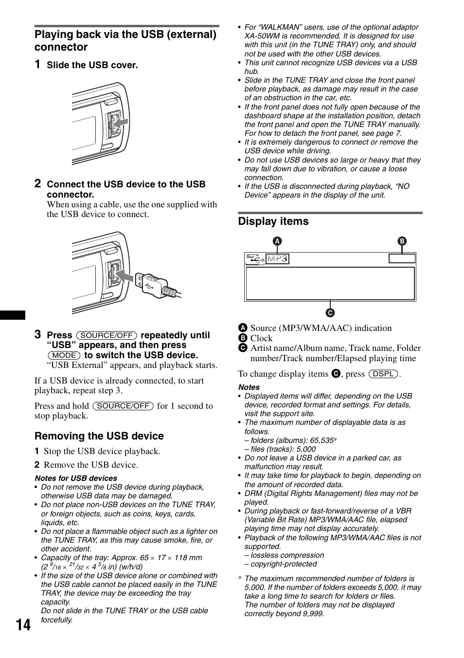 Playing back via the usb (external) connector, Display items, Removing the usb device | Sony DSX-S200X User Manual | Page 14 / 104