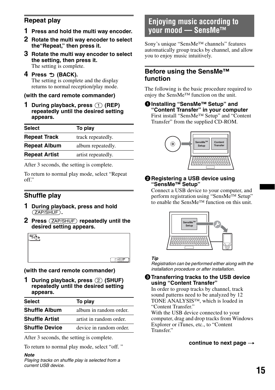 Repeat play, Shuffle play, Enjoying music according to your mood - sensme | Before using the sensme™ function, Repeat play shuffle play, Enjoying music according to your mood — sensme | Sony DSX-S200X User Manual | Page 15 / 104