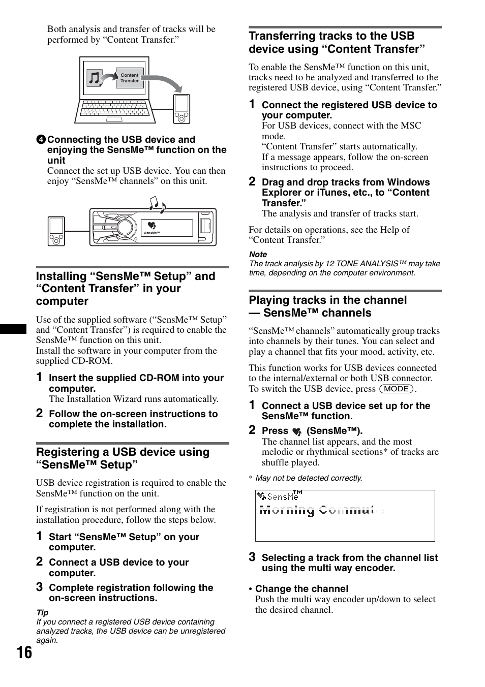 Registering a usb device using “sensme™ setup, Playing tracks in the channel - sensme™ channels | Sony DSX-S200X User Manual | Page 16 / 104