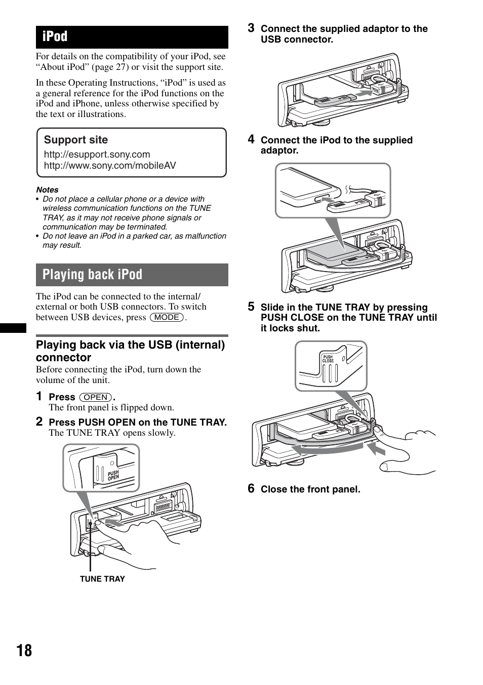 Ipod, Playing back ipod, Playing back via the usb (internal) connector | Sony DSX-S200X User Manual | Page 18 / 104