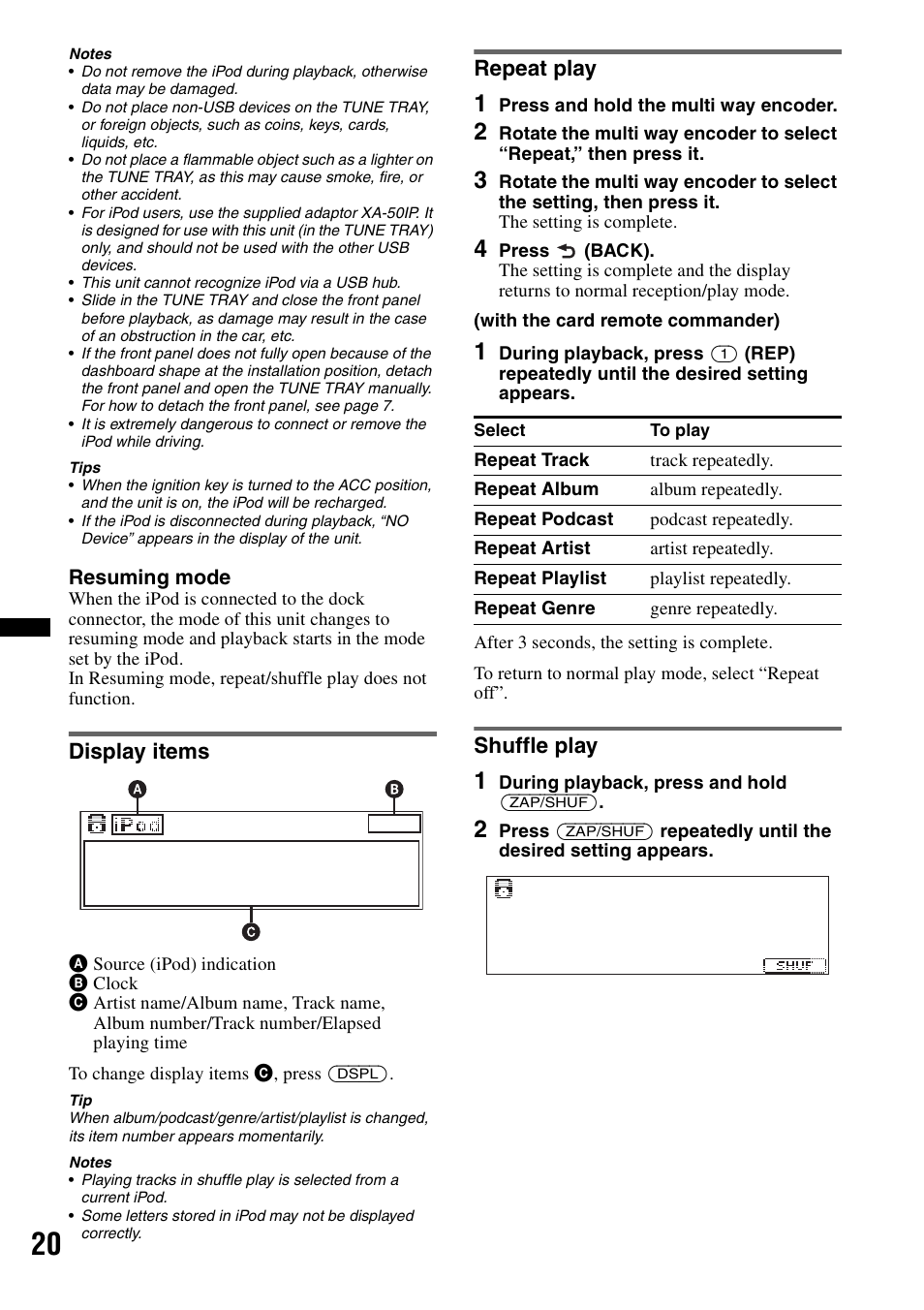 Display items, Repeat play, Shuffle play | Display items repeat play shuffle play | Sony DSX-S200X User Manual | Page 20 / 104