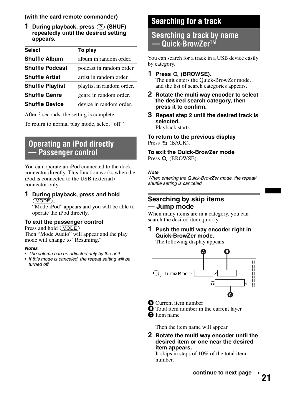 Operating an ipod directly - passenger control, Searching for a track, Searching a track by name - quick-browzer | Searching by skip items - jump mode, Operating an ipod directly — passenger control, Searching a track by name — quick-browzer, Searching by skip items — jump mode | Sony DSX-S200X User Manual | Page 21 / 104