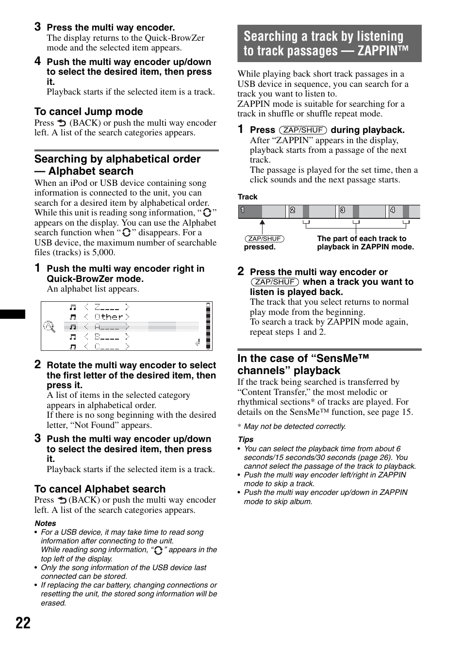 Searching by alphabetical order - alphabet search, In the case of “sensme™ channels” playback, Searching by alphabetical order — alphabet search | Sony DSX-S200X User Manual | Page 22 / 104