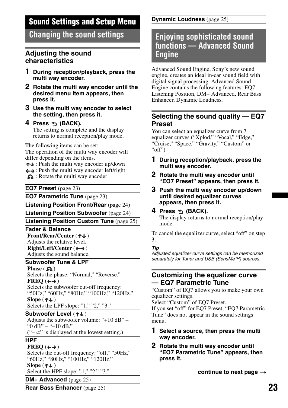 Sound settings and setup menu, Changing the sound settings, Adjusting the sound characteristics | Selecting the sound quality - eq7 preset | Sony DSX-S200X User Manual | Page 23 / 104