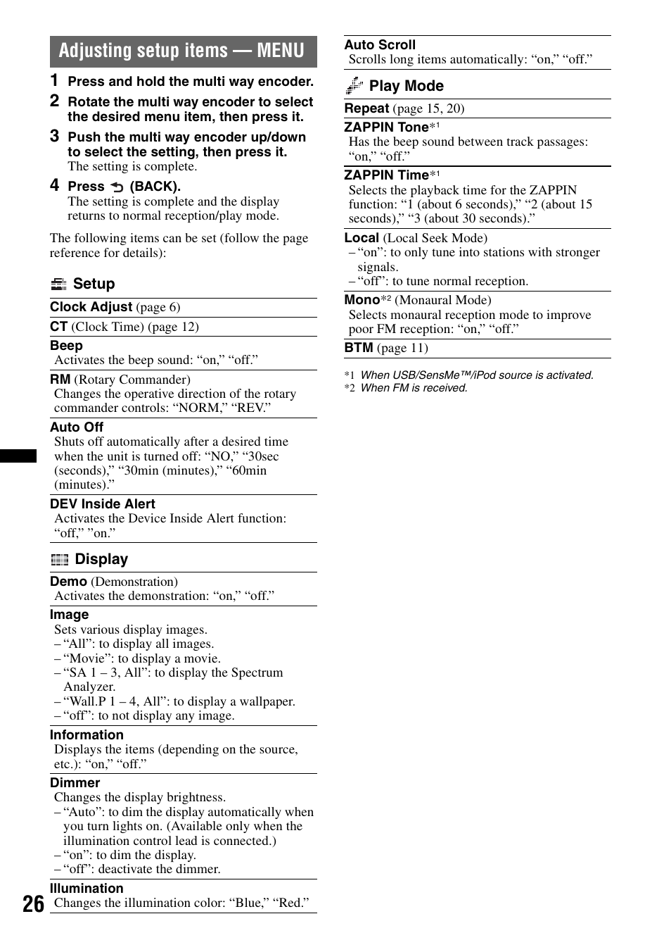 Adjusting setup items - menu, Adjusting setup items — menu | Sony DSX-S200X User Manual | Page 26 / 104