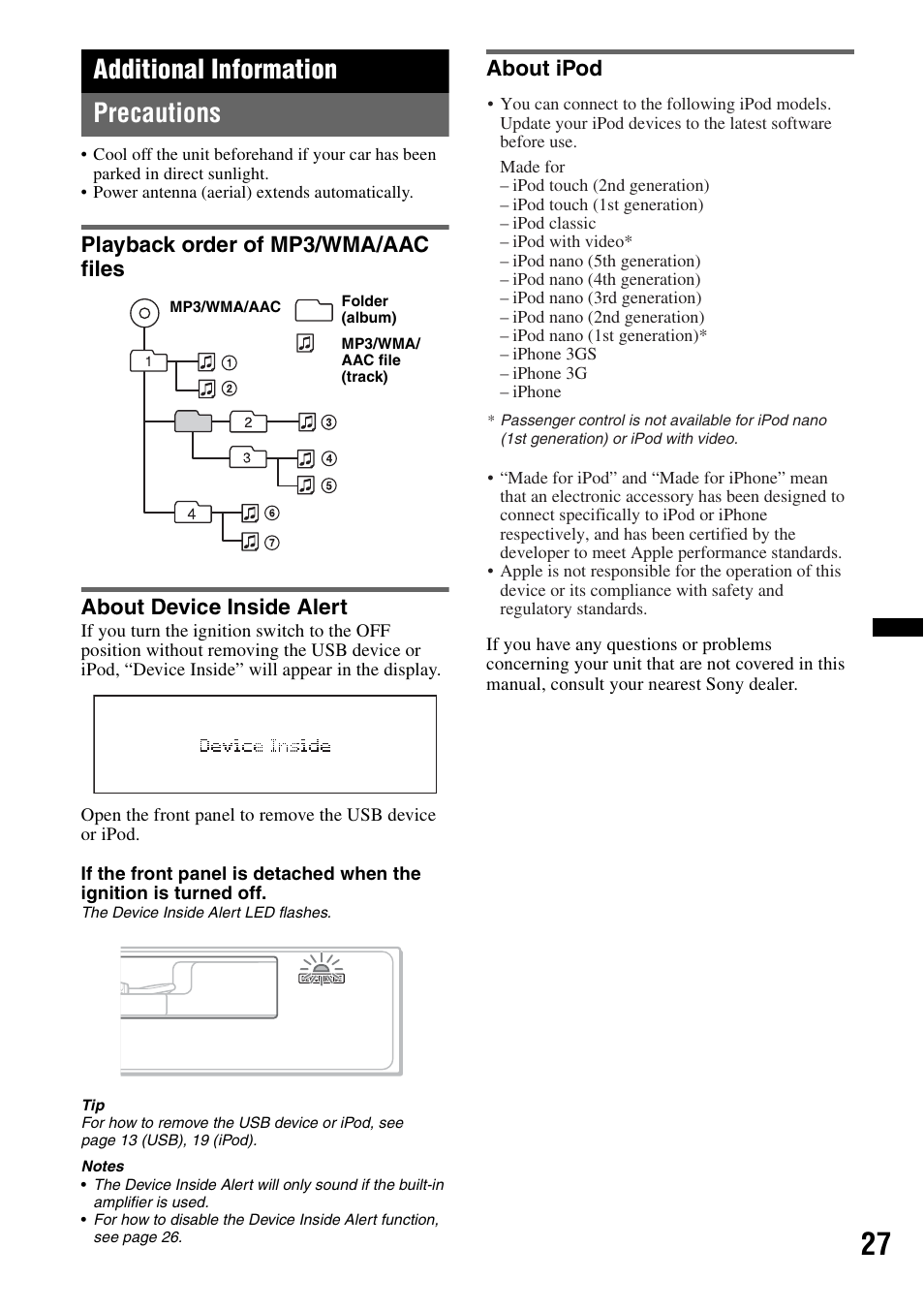 Additional information, Precautions, Playback order of mp3/wma/aac files | About device inside alert, About ipod, Additional information precautions | Sony DSX-S200X User Manual | Page 27 / 104