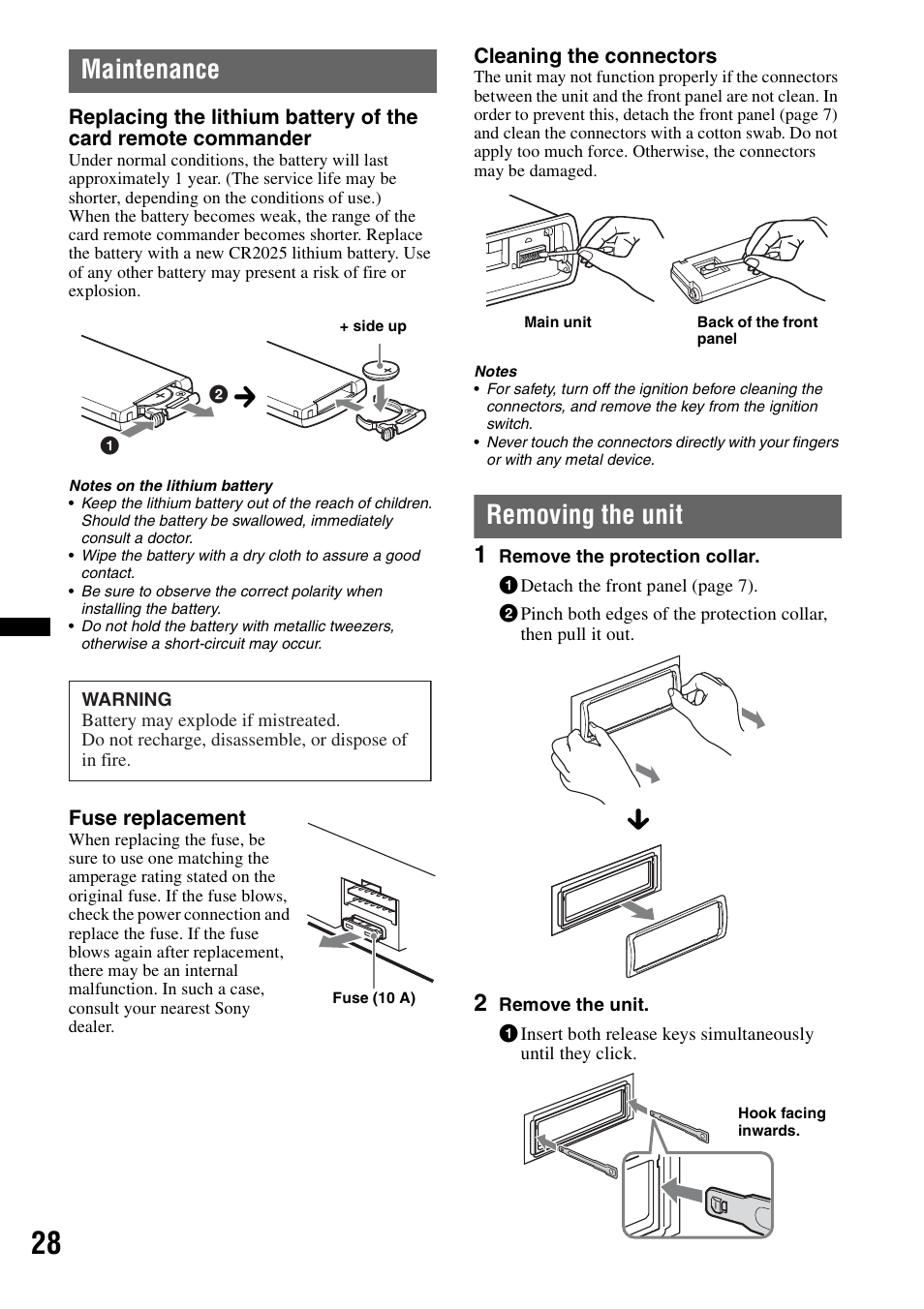 Maintenance, Removing the unit, Maintenance removing the unit | Sony DSX-S200X User Manual | Page 28 / 104