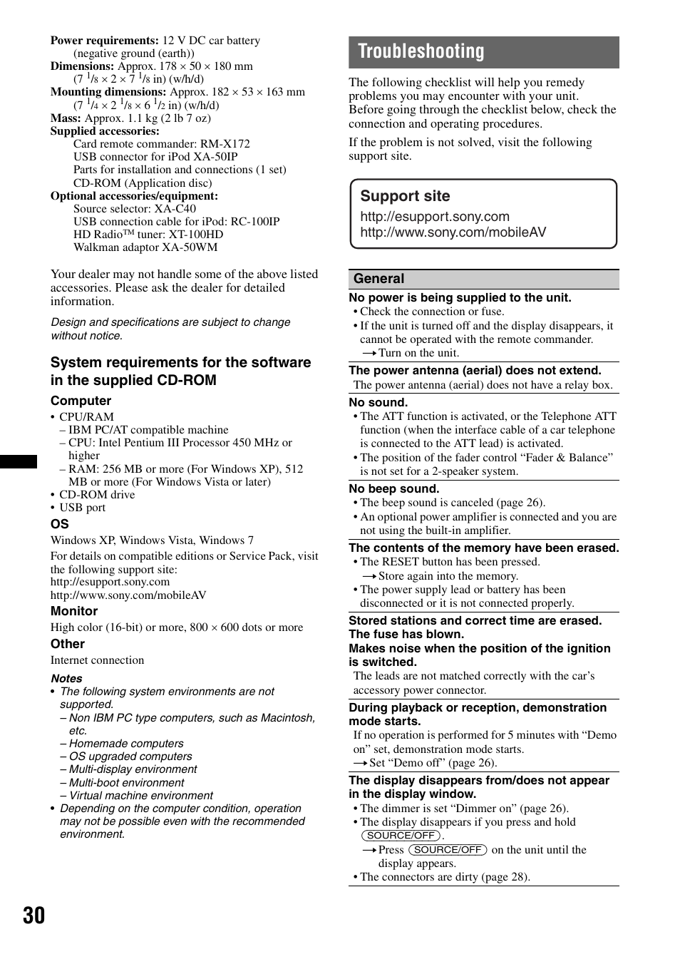 Troubleshooting, Support site | Sony DSX-S200X User Manual | Page 30 / 104