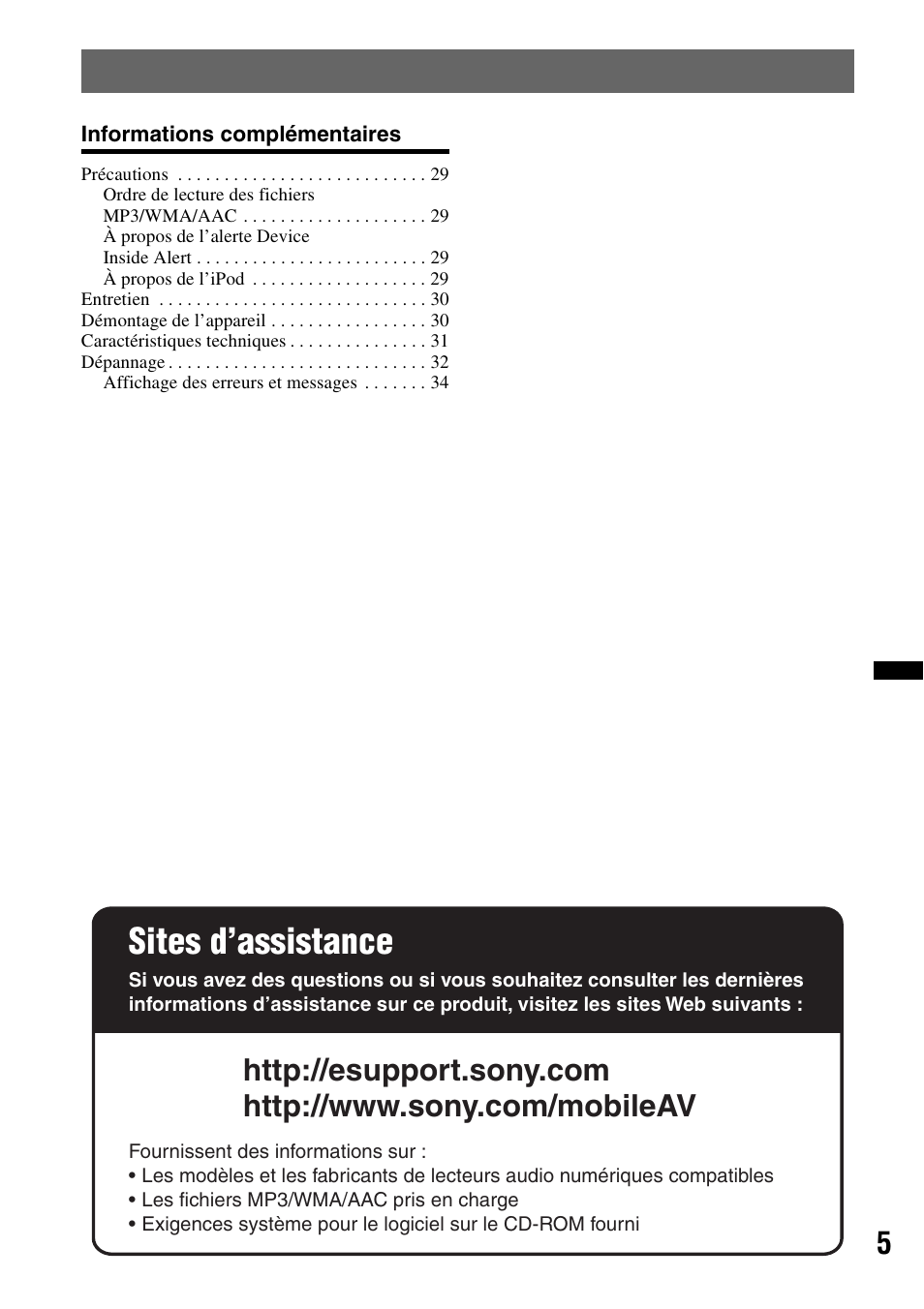 Sites d’assistance | Sony DSX-S200X User Manual | Page 37 / 104