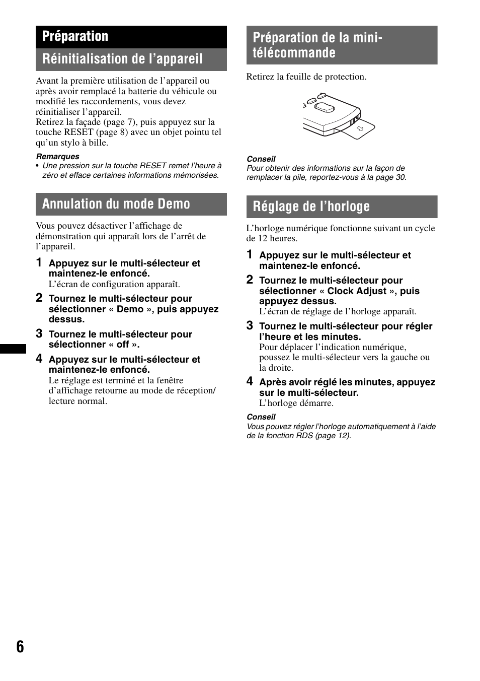 Préparation, Réinitialisation de l’appareil, Annulation du mode demo | Préparation de la mini- télécommande, Réglage de l’horloge, Préparation réinitialisation de l’appareil | Sony DSX-S200X User Manual | Page 38 / 104