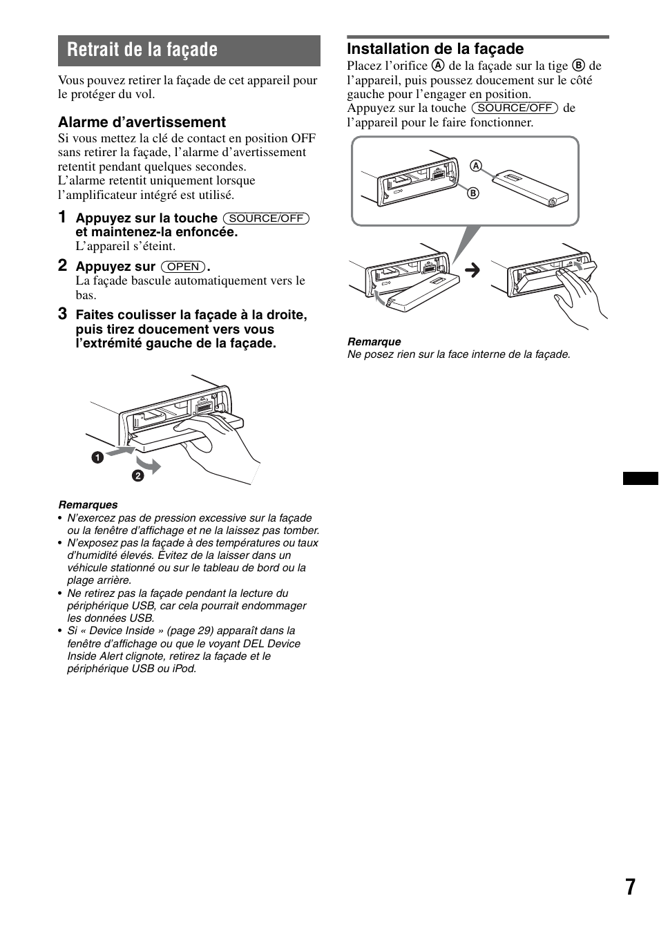 Retrait de la façade, Installation de la façade | Sony DSX-S200X User Manual | Page 39 / 104