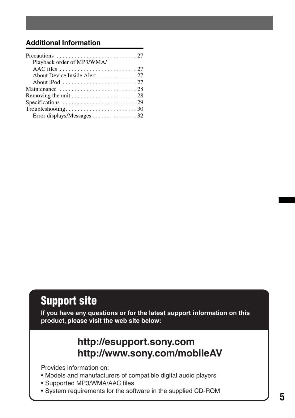 Support site | Sony DSX-S200X User Manual | Page 5 / 104