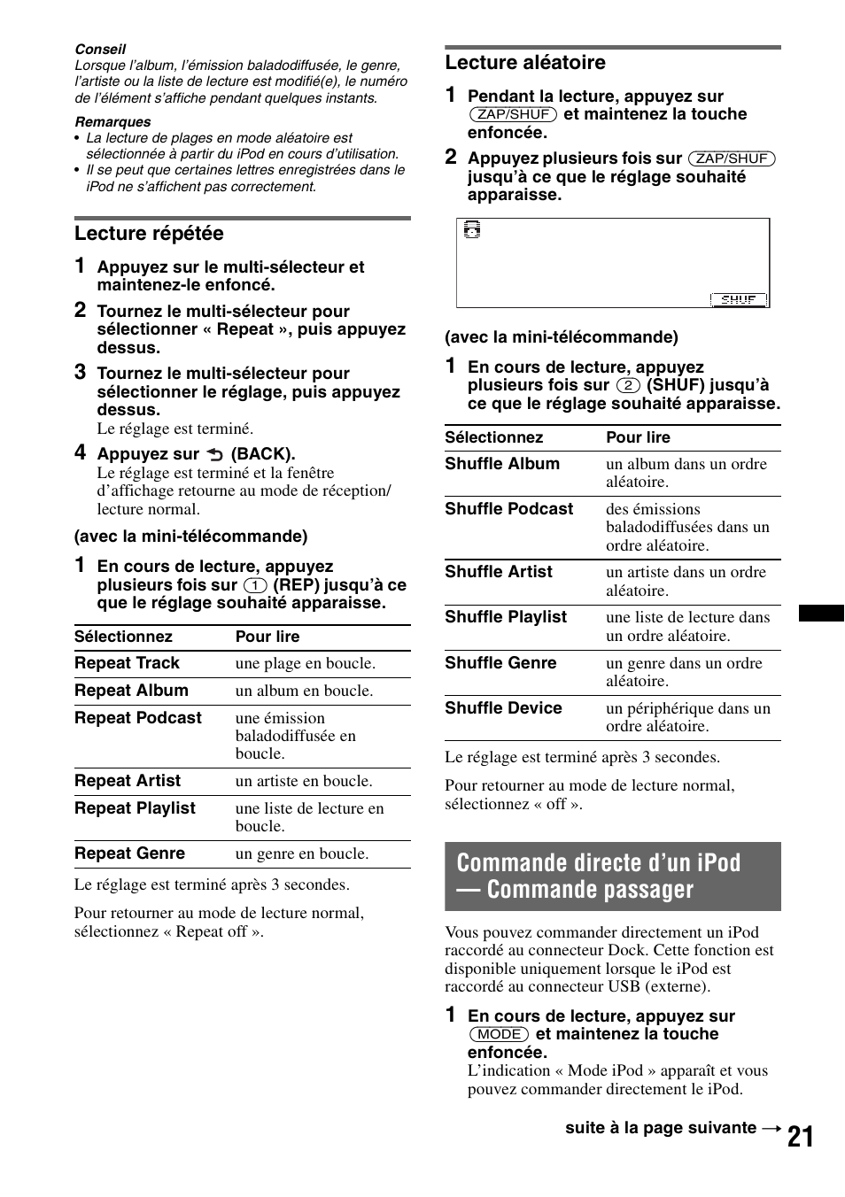Lecture répétée, Lecture aléatoire, Commande directe d’un ipod - commande passager | Lecture répétée lecture aléatoire, Commande directe d’un ipod — commande passager | Sony DSX-S200X User Manual | Page 53 / 104