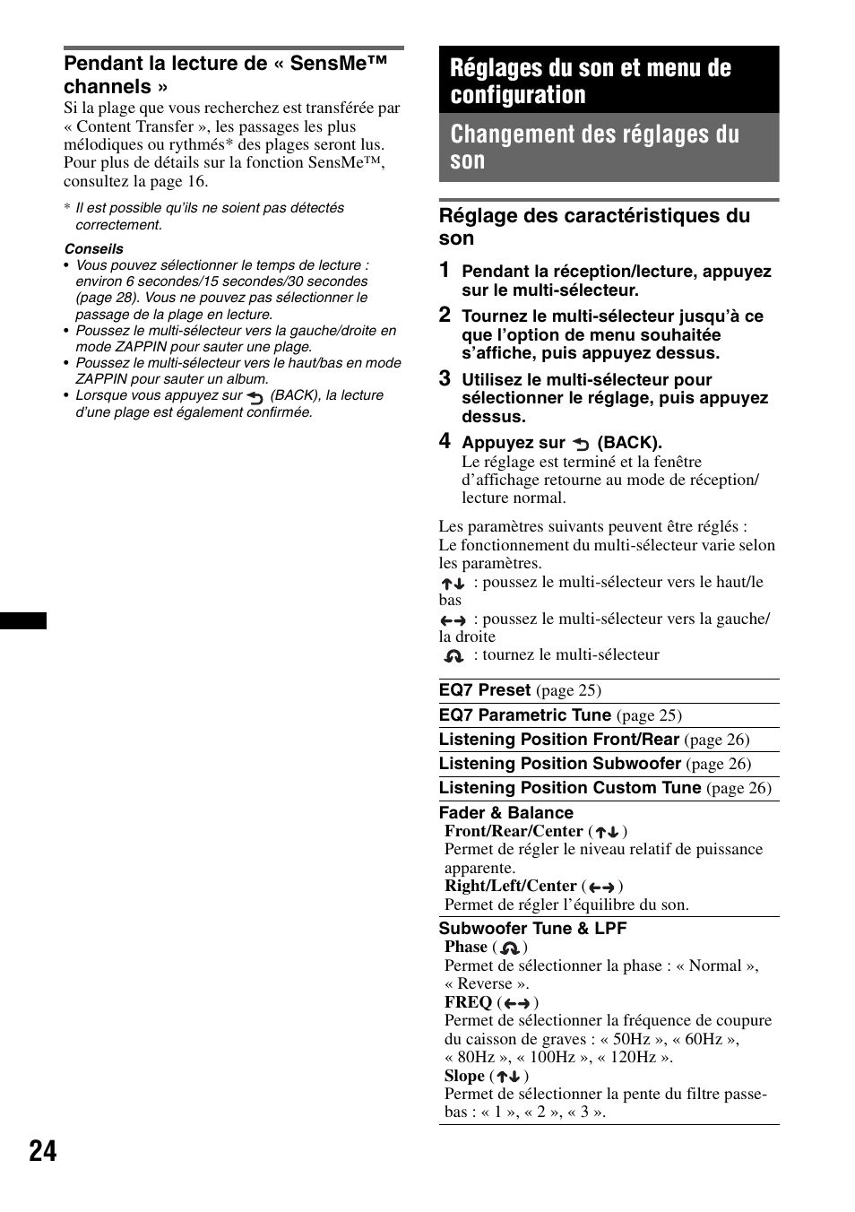 Pendant la lecture de « sensme™ channels, Réglages du son et menu de configuration, Changement des réglages du son | Réglage des caractéristiques du son | Sony DSX-S200X User Manual | Page 56 / 104