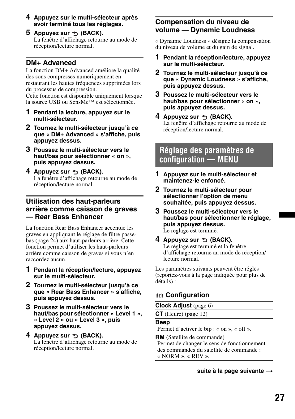 Dm+ advanced, Réglage des paramètres de configuration - menu, Réglage des paramètres de configuration — menu | Sony DSX-S200X User Manual | Page 59 / 104