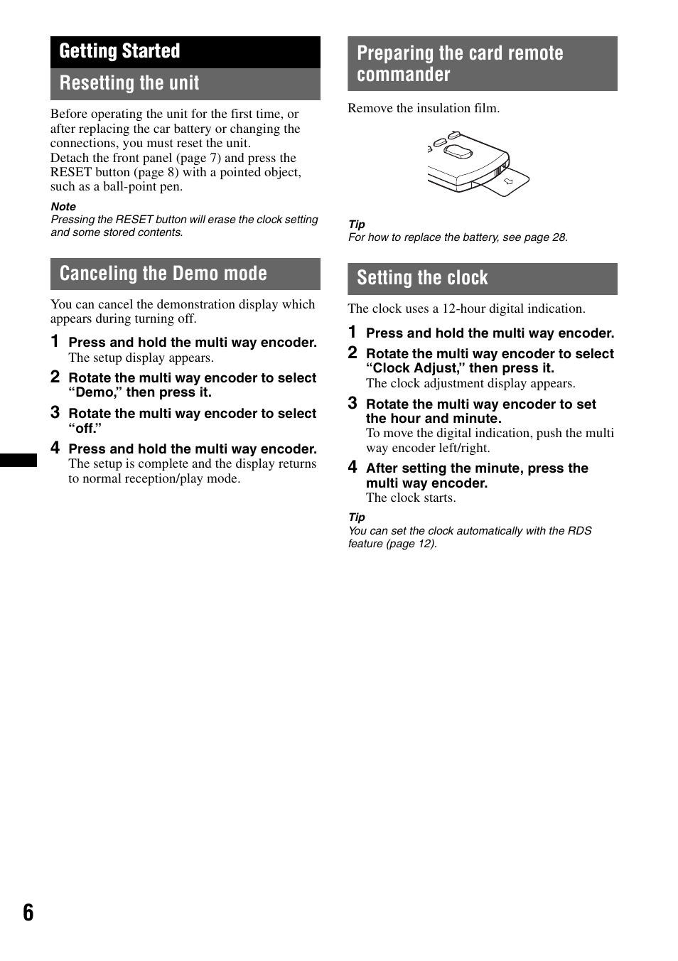 Getting started, Resetting the unit, Canceling the demo mode | Preparing the card remote commander, Setting the clock, Getting started resetting the unit | Sony DSX-S200X User Manual | Page 6 / 104