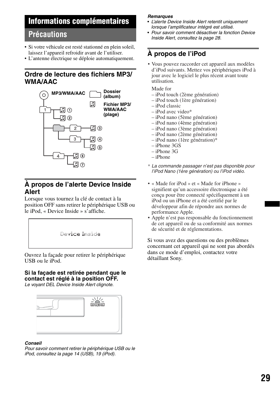 Informations complémentaires, Précautions, Ordre de lecture des fichiers mp3/ wma/aac | À propos de l’alerte device inside alert, À propos de l’ipod, Informations complémentaires précautions | Sony DSX-S200X User Manual | Page 61 / 104